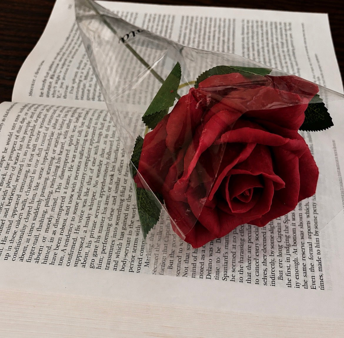 Red beeswax rose wax melt gift-wrapped in clear packaging with stem and leaves, resting on an open book