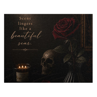 Lucasta Gothic Floral Puzzle mockup showing 'Scent Lingers Like a Beautiful Scar' title and artwork