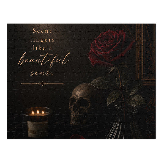 Lucasta Gothic Floral Puzzle mockup showing 'Scent Lingers Like a Beautiful Scar' title and artwork