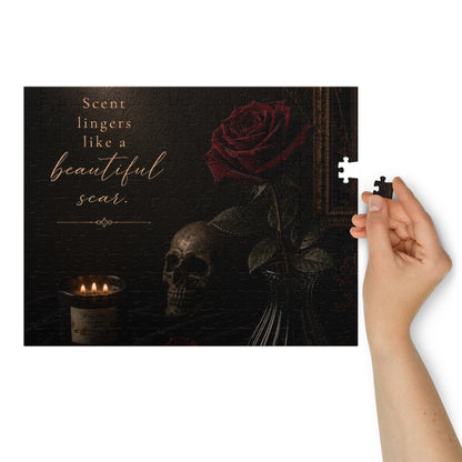 Lucasta Gothic Floral Puzzle flat lay showing nearly completed puzzle with skull and rose