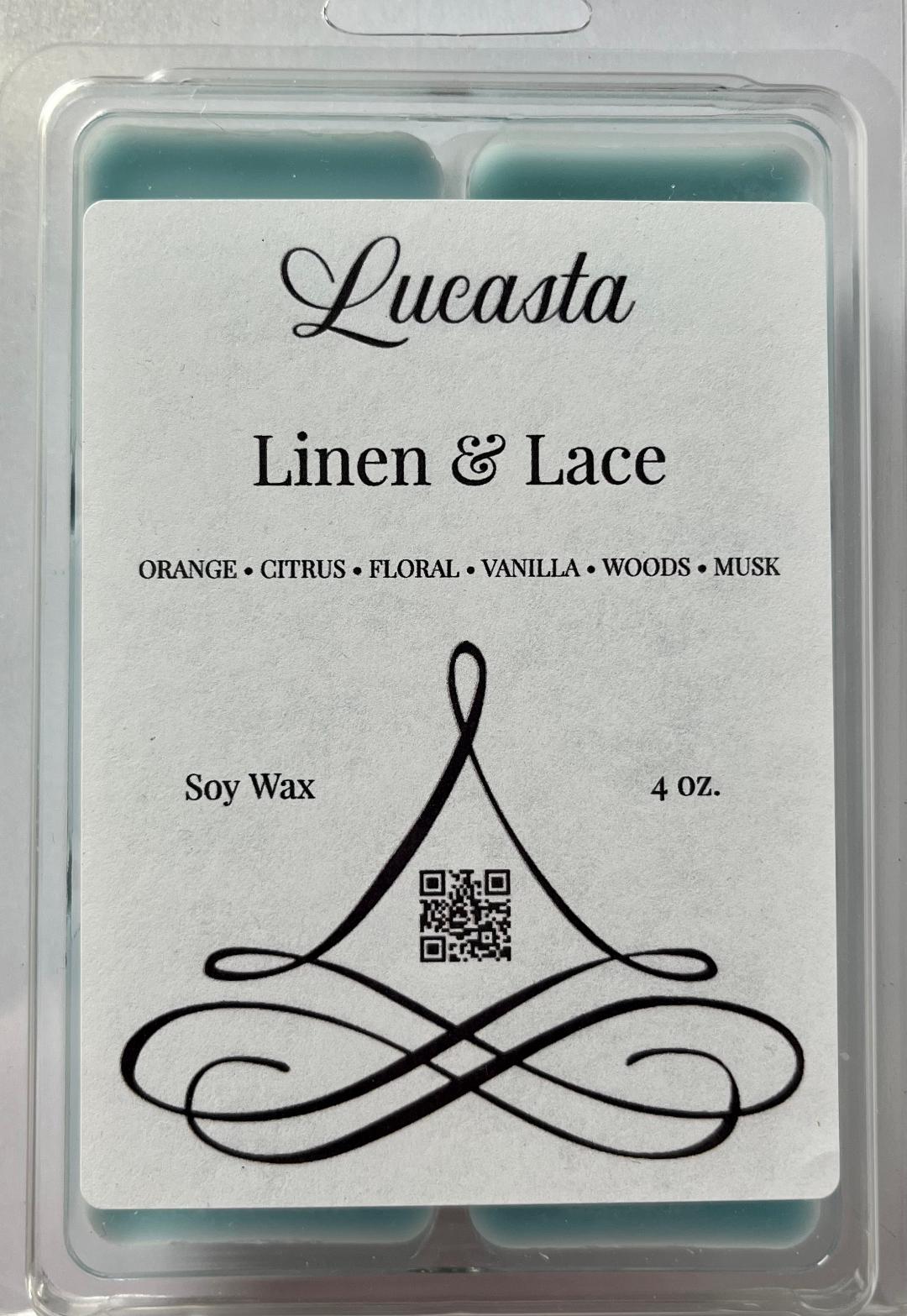 Lucasta Linen & Lace wax melt packaging label showing scent details and product information