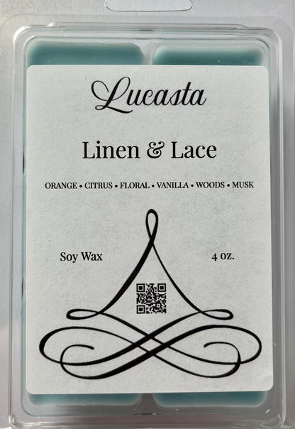 Lucasta Linen & Lace wax melt packaging label showing scent details and product information