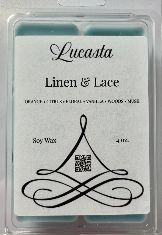 Lucasta Linen & Lace soy wax melts packaging with product details.