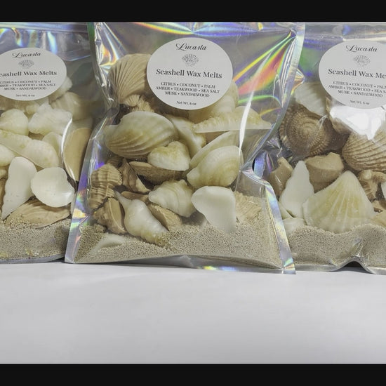 Lucasta Candles packaging process — wax sand poured into an iridescent holographic pouch, seashell wax melts added by hand, and a Lucasta label applied to finish the package