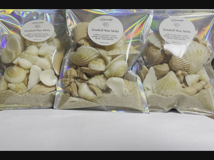 Lucasta Candles packaging process — wax sand poured into an iridescent holographic pouch, seashell wax melts added by hand, and a Lucasta label applied to finish the package