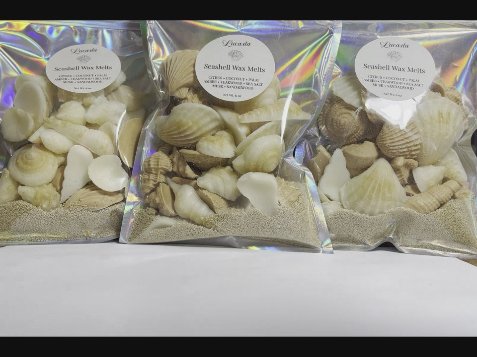 Lucasta Candles packaging process — wax sand poured into an iridescent holographic pouch, seashell wax melts added by hand, and a Lucasta label applied to finish the package