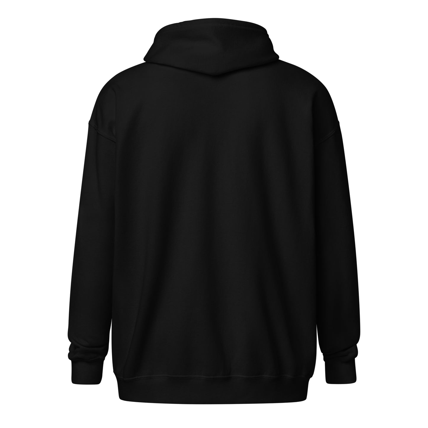 Back view of Lucasta Essentials black zip hoodie, flat product shot
