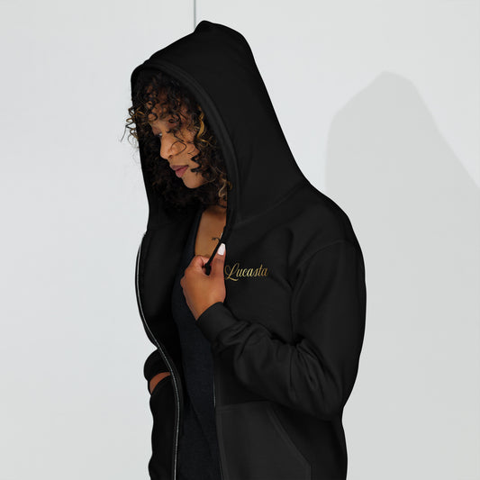 woman wearing Lucasta logo essential black hoodie